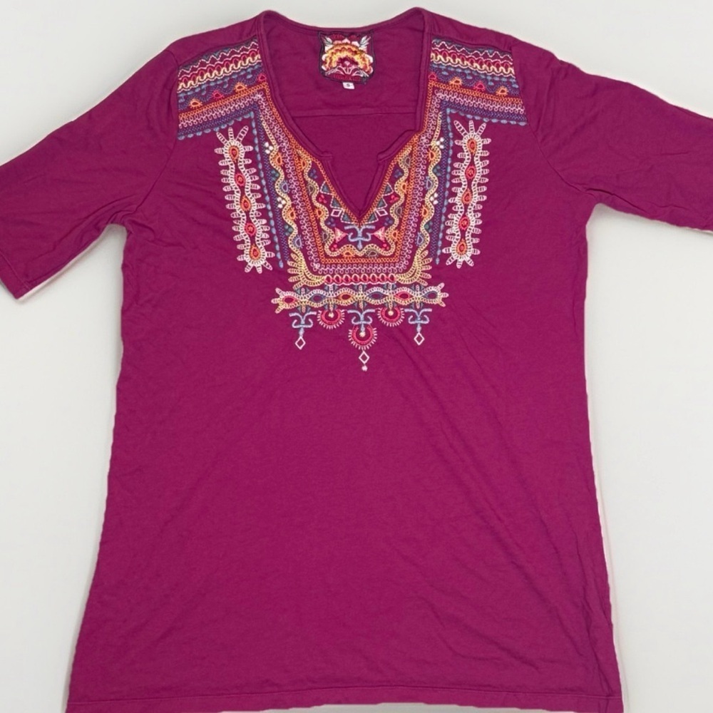 Johnny Was Maroon Embroidered Slot V - Neck Cotton Tunic Tee S Small